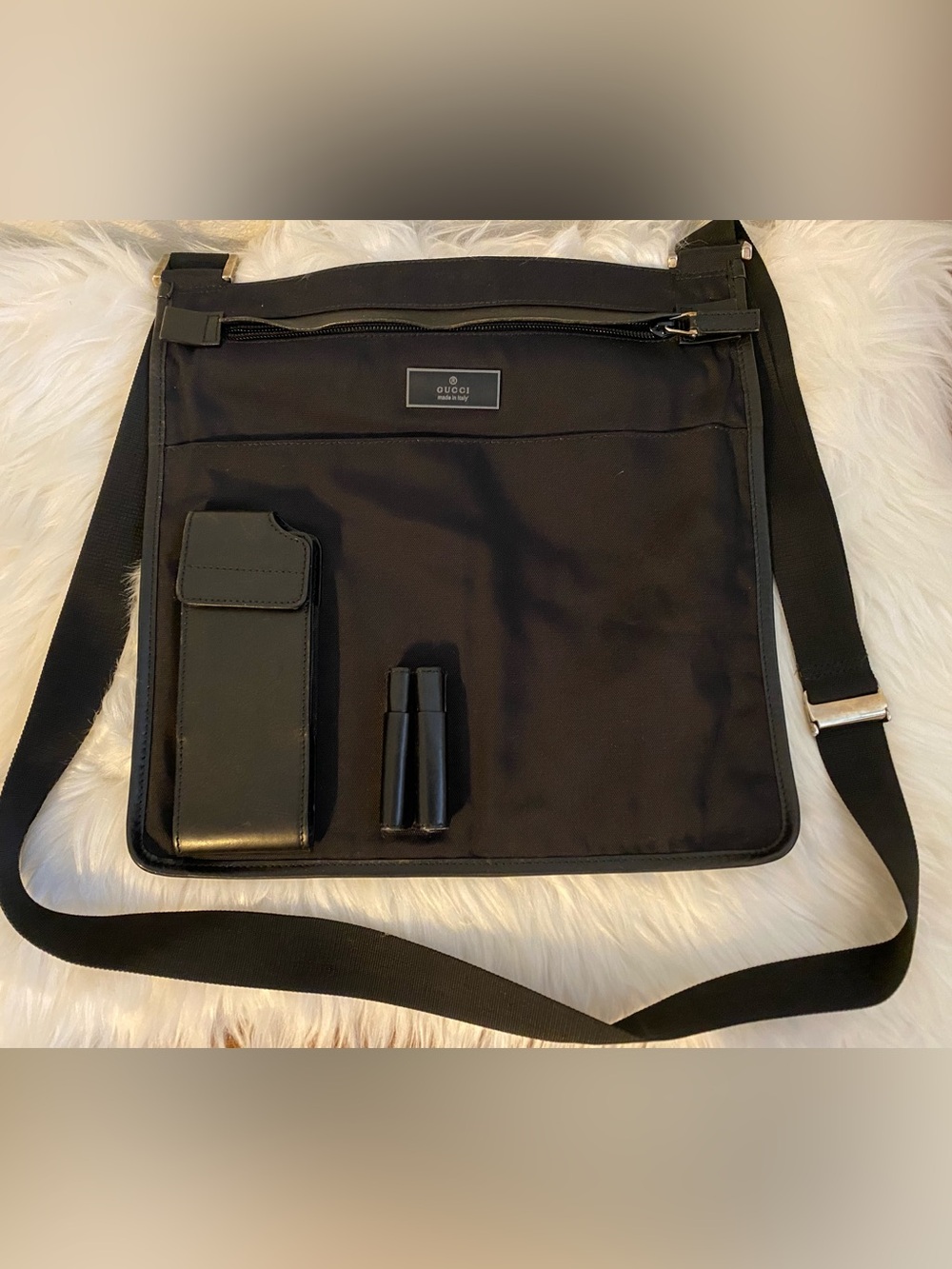 Gucci Black Nylon Messenger Bag with Leather Trim UNISEX